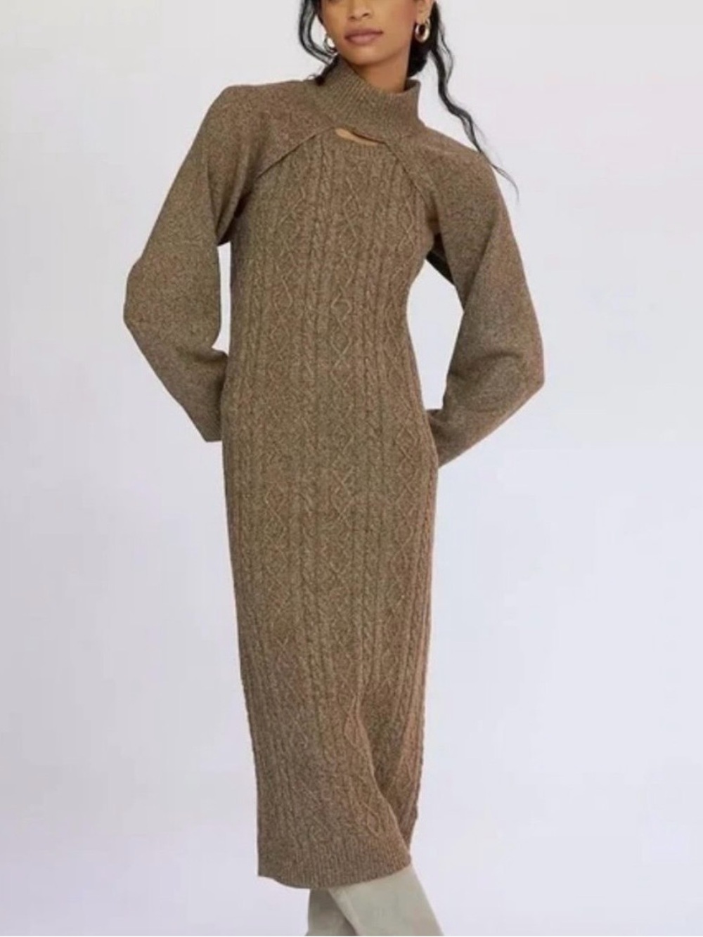 Current Air x Anthropologie Cable Knit Midi Dress in Brown Size XS So Chic!